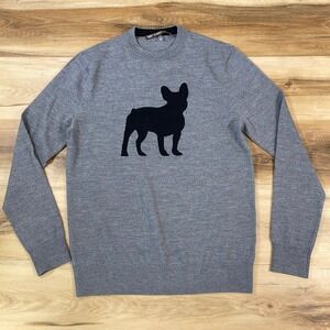 Mr Turk Sweater Mens S French Bulldog Intarsia Merino Wool Grey Modern Casual